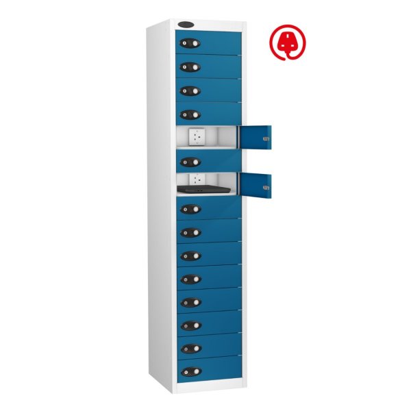 Laptop Storage Locker | Charge & Store | 15 Individual Compartments | White Carcass | Blue Door | Cam Lock | Std UK Plug | LAPBOX