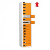 Laptop Storage Locker | Charge & Store | 15 Individual Compartments | White Carcass | Orange Door | Cam Lock | Std UK Plug | LAPBOX