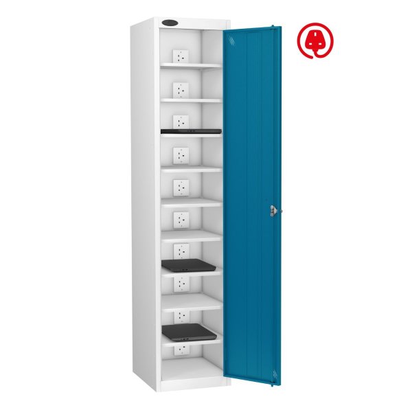 Laptop Storage Locker | Charge & Store | Single Door | 10 Compartments | White Carcass | Blue Door | Cam Lock | Std UK Plug & USB | LAPBOX