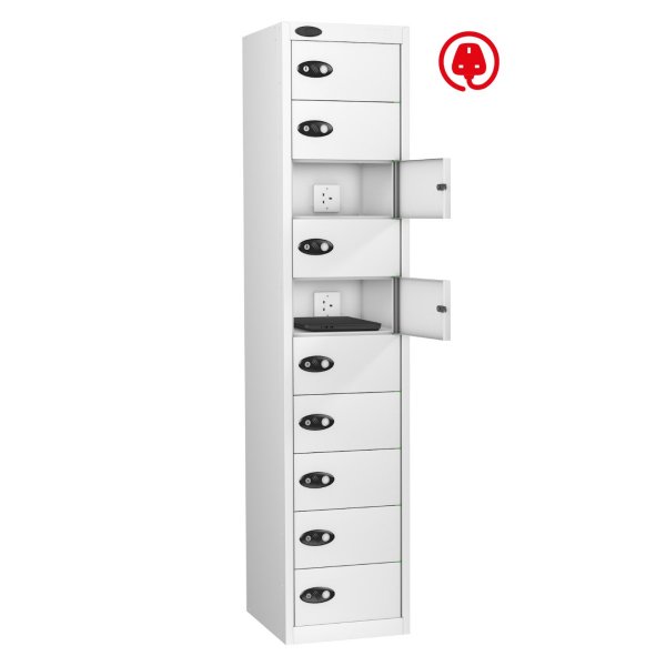 Laptop Storage Locker | Charge & Store | 10 Individual Compartments | White Carcass | White Door | Cam Lock | Std UK Plug & USB | LAPBOX