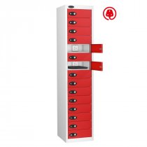 Laptop Storage Locker | Charge & Store | 15 Individual Compartments | White Carcass | Red Door | Cam Lock | Std UK Plug & USB | LAPBOX