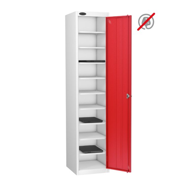 Laptop Storage Locker | Store Only | Single Door | 10 Compartments | White Carcass | Red Door | Hasp & Staple Lock | LAPBOX