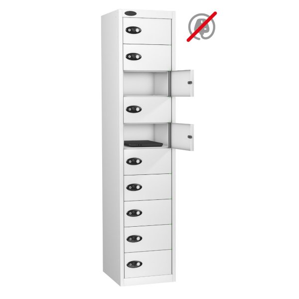 Laptop Storage Locker | Store Only | 10 Individual Compartments | White Carcass | White Door | Hasp & Staple Lock | LAPBOX