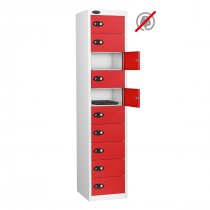 Laptop Storage Locker | Store Only | 10 Individual Compartments | White Carcass | Red Door | Hasp & Staple Lock | LAPBOX