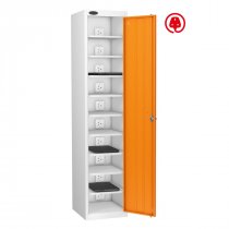 Laptop Storage Locker | Charge & Store | Single Door | 10 Compartments | White Carcass | Orange Door | Hasp & Staple Lock | Std UK Plug | LAPBOX