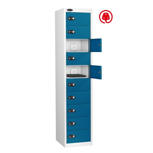 Laptop Storage Locker | Charge & Store | 10 Individual Compartments | White Carcass | Blue Door | Hasp & Staple Lock | Std UK Plug | LAPBOX
