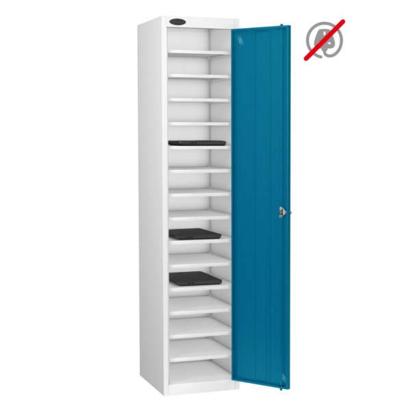 Laptop Storage Locker | Store Only | Single Door | 15 Compartments | White Carcass | Blue Door | Hasp & Staple Lock | LAPBOX