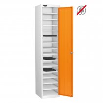 Laptop Storage Locker | Store Only | Single Door | 15 Compartments | White Carcass | Orange Door | Hasp & Staple Lock | LAPBOX