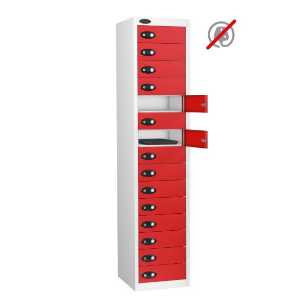 Laptop Storage Locker | Store Only | 15 Individual Compartments | White Carcass | Red Door | Hasp & Staple Lock | LAPBOX