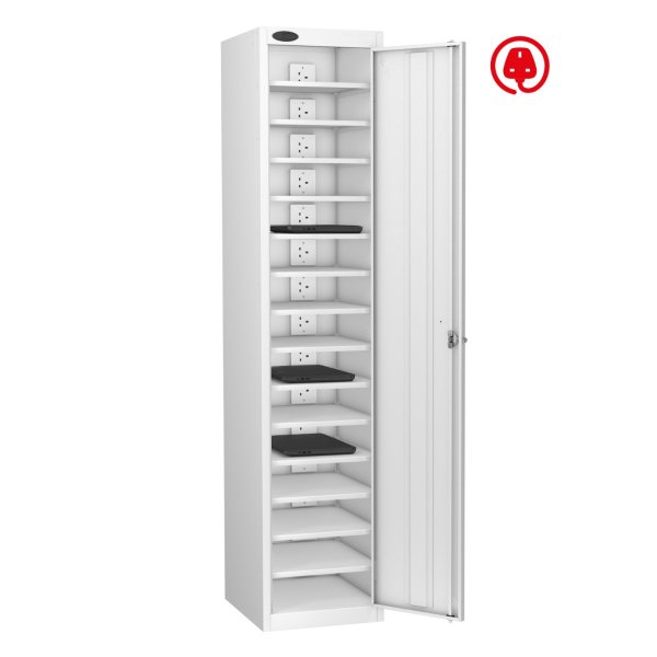 Laptop Storage Locker | Charge & Store | Single Door | 15 Compartments | White Carcass | White Door | Hasp & Staple Lock | Std UK Plug | LAPBOX