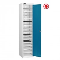 Laptop Storage Locker | Charge & Store | Single Door | 15 Compartments | White Carcass | Blue Door | Hasp & Staple Lock | Std UK Plug | LAPBOX