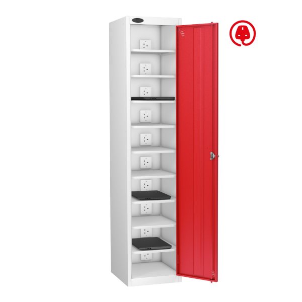 Laptop Storage Locker | Charge & Store | Single Door | 10 Compartments | White Carcass | Red Door | Hasp & Staple Lock | Std UK Plug & USB | LAPBOX