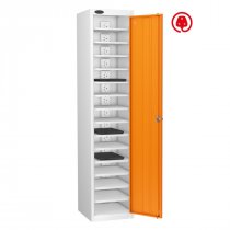 Laptop Storage Locker | Charge & Store | Single Door | 15 Compartments | White Carcass | Orange Door | Hasp & Staple Lock | Std UK Plug & USB | LAPBOX
