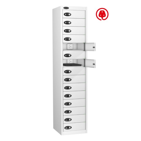 Laptop Storage Locker | Charge & Store | 15 Individual Compartments | White Carcass | White Door | Hasp & Staple Lock | Std UK Plug & USB | LAPBOX