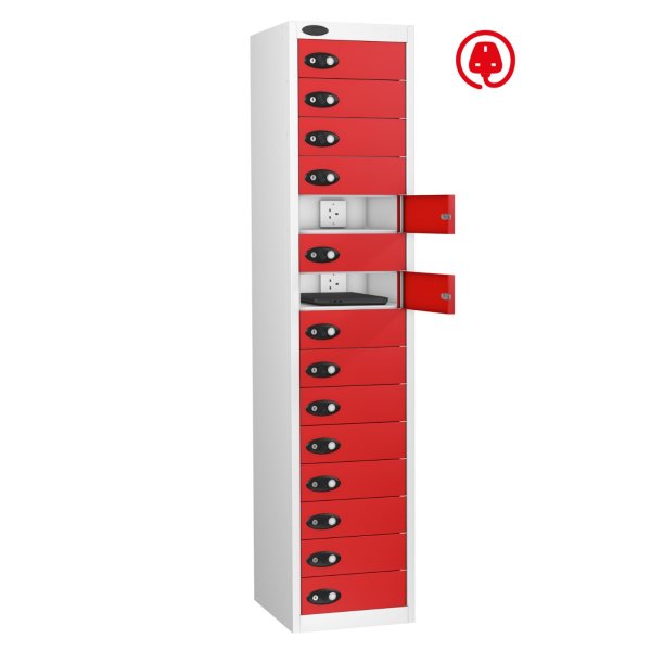 Laptop Storage Locker | Charge & Store | 15 Individual Compartments | White Carcass | Red Door | Hasp & Staple Lock | Std UK Plug & USB | LAPBOX