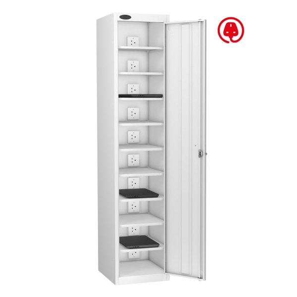 Laptop Storage Locker | Charge & Store | Single Door | 10 Compartments | White Carcass | White Door | Radial Pin Lock | Std UK Plug | LAPBOX