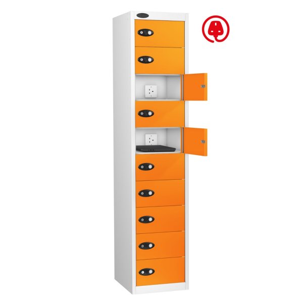 Laptop Storage Locker | Charge & Store | 10 Individual Compartments | White Carcass | Orange Door | Radial Pin Lock | Std UK Plug | LAPBOX