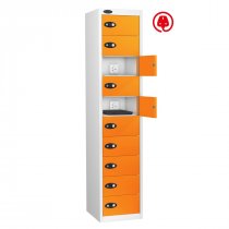 Laptop Storage Locker | Charge & Store | 10 Individual Compartments | White Carcass | Orange Door | Radial Pin Lock | Std UK Plug & USB | LAPBOX
