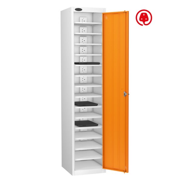 Laptop Storage Locker | Charge & Store | Single Door | 15 Compartments | White Carcass | Orange Door | Radial Pin Lock | Std UK Plug & USB | LAPBOX
