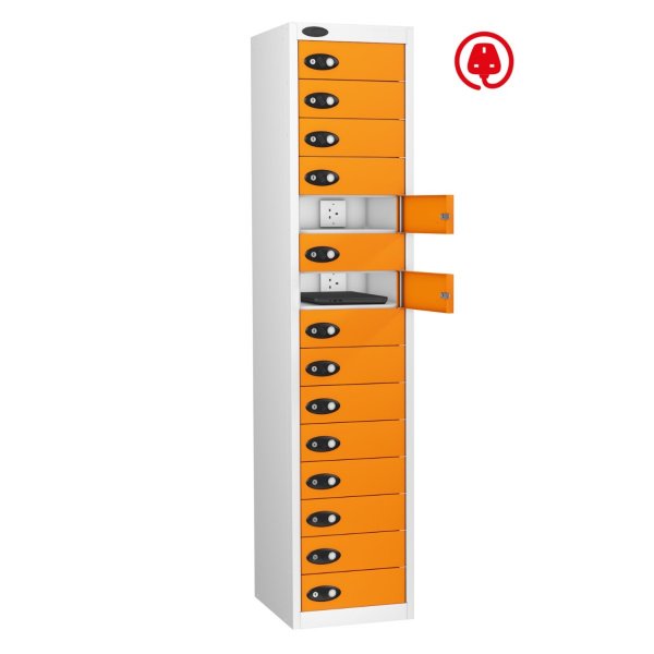 Laptop Storage Locker | Charge & Store | 15 Individual Compartments | White Carcass | Orange Door | Radial Pin Lock | Std UK Plug & USB | LAPBOX