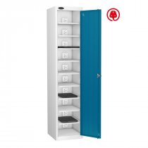 Laptop Storage Locker | Charge & Store | Single Door | 10 Compartments | White Carcass | Blue Door | Digital Combination Lock | Std UK Plug | LAPBOX