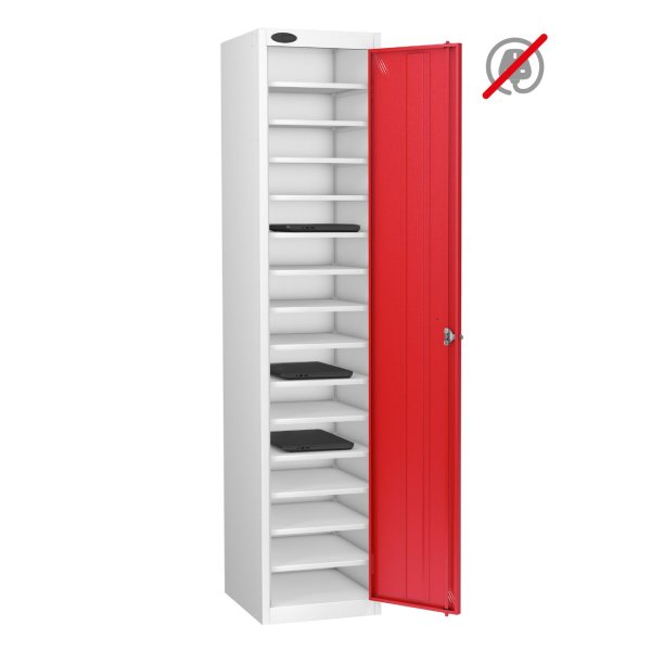 Laptop Storage Locker | Store Only | Single Door | 15 Compartments | White Carcass | Red Door | Digital Combination Lock | LAPBOX