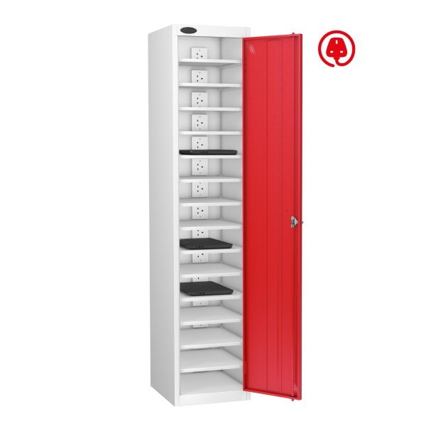 Laptop Storage Locker | Charge & Store | Single Door | 15 Compartments | White Carcass | Red Door | Digital Combination Lock | Std UK Plug & USB | LAPBOX