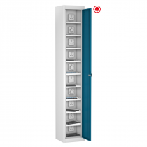 Tablet Storage Locker | Store & Charge | Single Door | 10 Compartments | White Carcass | Blue Door | Std UK Plug & USB | Cam Lock | TABbox