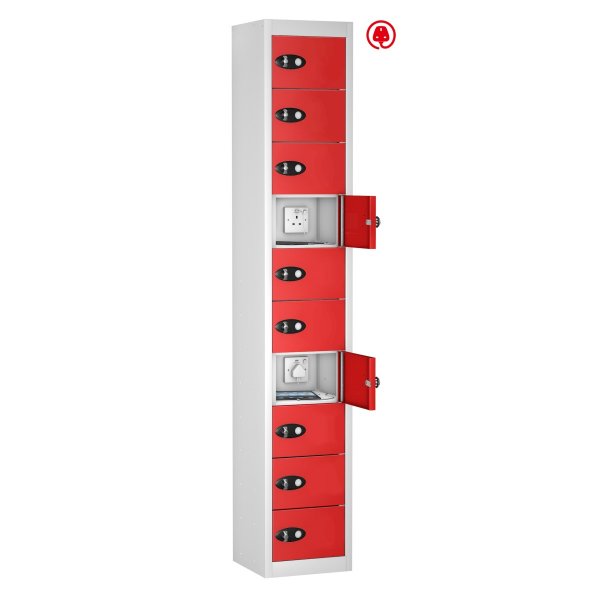 Tablet Storage Locker | Store & Charge | 10 Individual Compartments | White Carcass | Red Door | Std UK Plug & USB | Cam Lock | TABbox