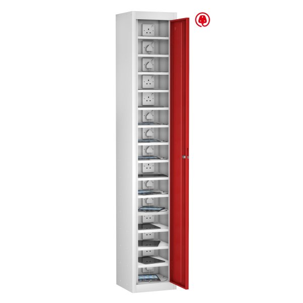 Tablet Storage Locker | Store & Charge | Single Door | 15 Compartments | White Carcass | Red Door | Std UK Plug & USB | Cam Lock | TABbox