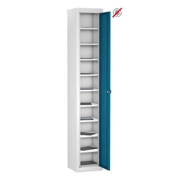 Tablet Storage Locker | Store Only | Single Door | 10 Compartments | White Carcass | Blue Door | Hasp & Staple Lock | TABbox