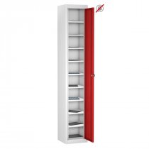 Tablet Storage Locker | Store Only | Single Door | 10 Compartments | White Carcass | Red Door | Hasp & Staple Lock | TABbox