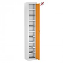 Tablet Storage Locker | Store Only | Single Door | 10 Compartments | White Carcass | Orange Door | Hasp & Staple Lock | TABbox