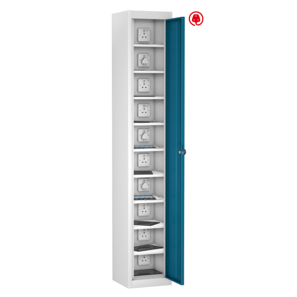Tablet Storage Locker | Store & Charge | Single Door | 10 Compartments | White Carcass | Blue Door | Std UK Plug | Hasp & Staple Lock | TABbox