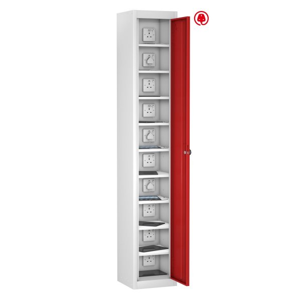 Tablet Storage Locker | Store & Charge | Single Door | 10 Compartments | White Carcass | Red Door | Std UK Plug | Hasp & Staple Lock | TABbox