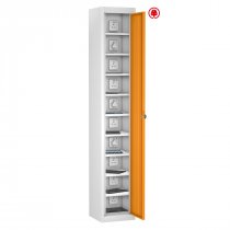 Tablet Storage Locker | Store & Charge | Single Door | 10 Compartments | White Carcass | Orange Door | Std UK Plug | Hasp & Staple Lock | TABbox