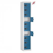Tablet Storage Locker | Store Only | 10 Individual Compartments | White Carcass | Blue Door | Hasp & Staple Lock | TABbox