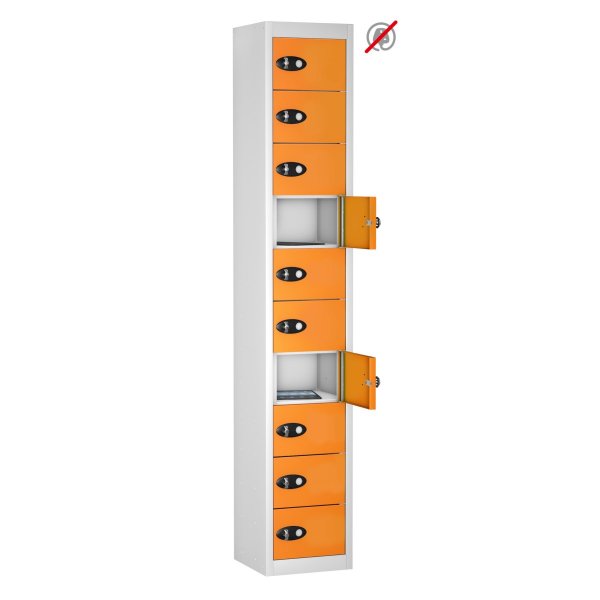 Tablet Storage Locker | Store Only | 10 Individual Compartments | White Carcass | Orange Door | Hasp & Staple Lock | TABbox
