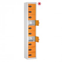 Tablet Storage Locker | Store & Charge | 10 Individual Compartments | White Carcass | Orange Door | Std UK Plug | Hasp & Staple Lock | TABbox