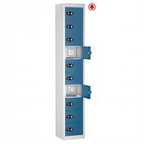 Tablet Storage Locker | Store & Charge | 10 Individual Compartments | White Carcass | Blue Door | Std UK Plug & USB | Hasp & Staple Lock | TABbox