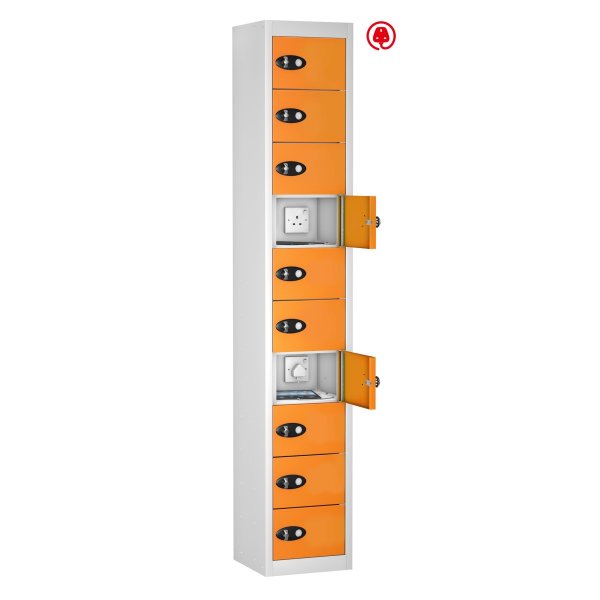 Tablet Storage Locker | Store & Charge | 10 Individual Compartments | White Carcass | Orange Door | Std UK Plug & USB | Hasp & Staple Lock | TABbox