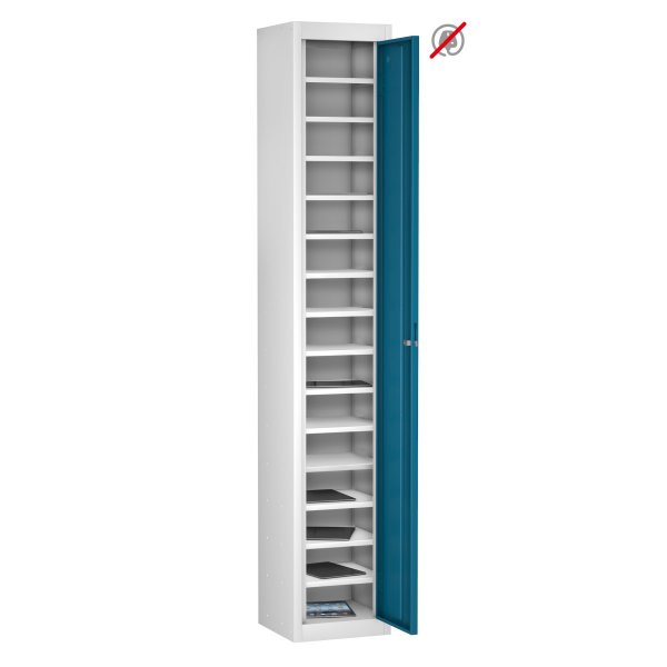 Tablet Storage Locker | Store Only | Single Door | 15 Compartments | White Carcass | Blue Door | Hasp & Staple Lock | TABbox
