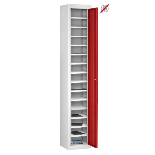 Tablet Storage Locker | Store Only | Single Door | 15 Compartments | White Carcass | Red Door | Hasp & Staple Lock | TABbox