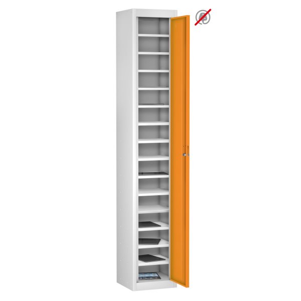 Tablet Storage Locker | Store Only | Single Door | 15 Compartments | White Carcass | Orange Door | Hasp & Staple Lock | TABbox