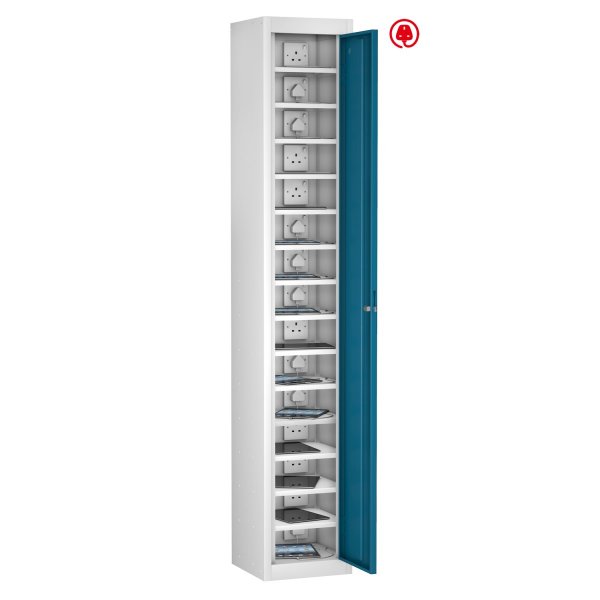 Tablet Storage Locker | Store & Charge | Single Door | 15 Compartments | White Carcass | Blue Door | Std UK Plug | Hasp & Staple Lock | TABbox