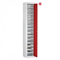 Tablet Storage Locker | Store & Charge | Single Door | 15 Compartments | White Carcass | Red Door | Std UK Plug | Hasp & Staple Lock | TABbox