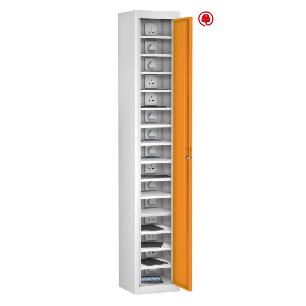 Tablet Storage Locker | Store & Charge | Single Door | 15 Compartments | White Carcass | Orange Door | Std UK Plug & USB | Hasp & Staple Lock | TABbox