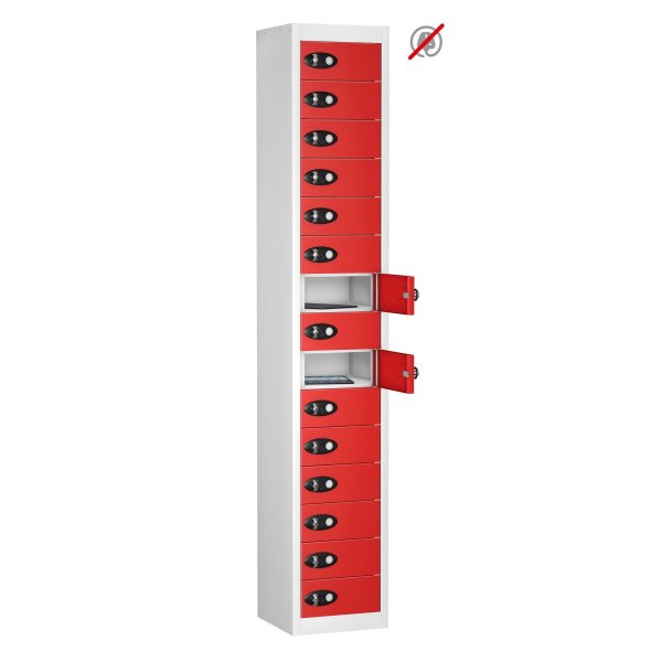 Tablet Storage Locker | Store Only | 15 Individual Compartments | White Carcass | Red Door | Hasp & Staple Lock | TABbox