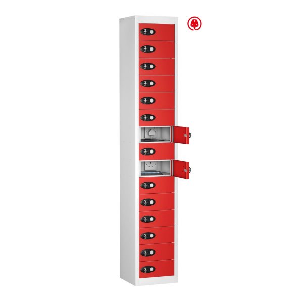 Tablet Storage Locker | Store & Charge | 15 Individual Compartments | White Carcass | Red Door | Std UK Plug | Hasp & Staple Lock | TABbox