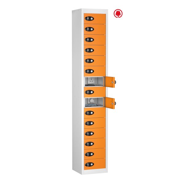 Tablet Storage Locker | Store & Charge | 15 Individual Compartments | White Carcass | Orange Door | Std UK Plug | Hasp & Staple Lock | TABbox